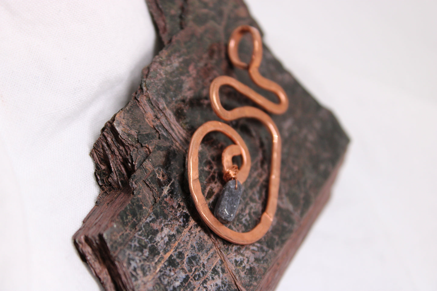 Large Hammered Spiral Copper Pendant with Iolite Beads