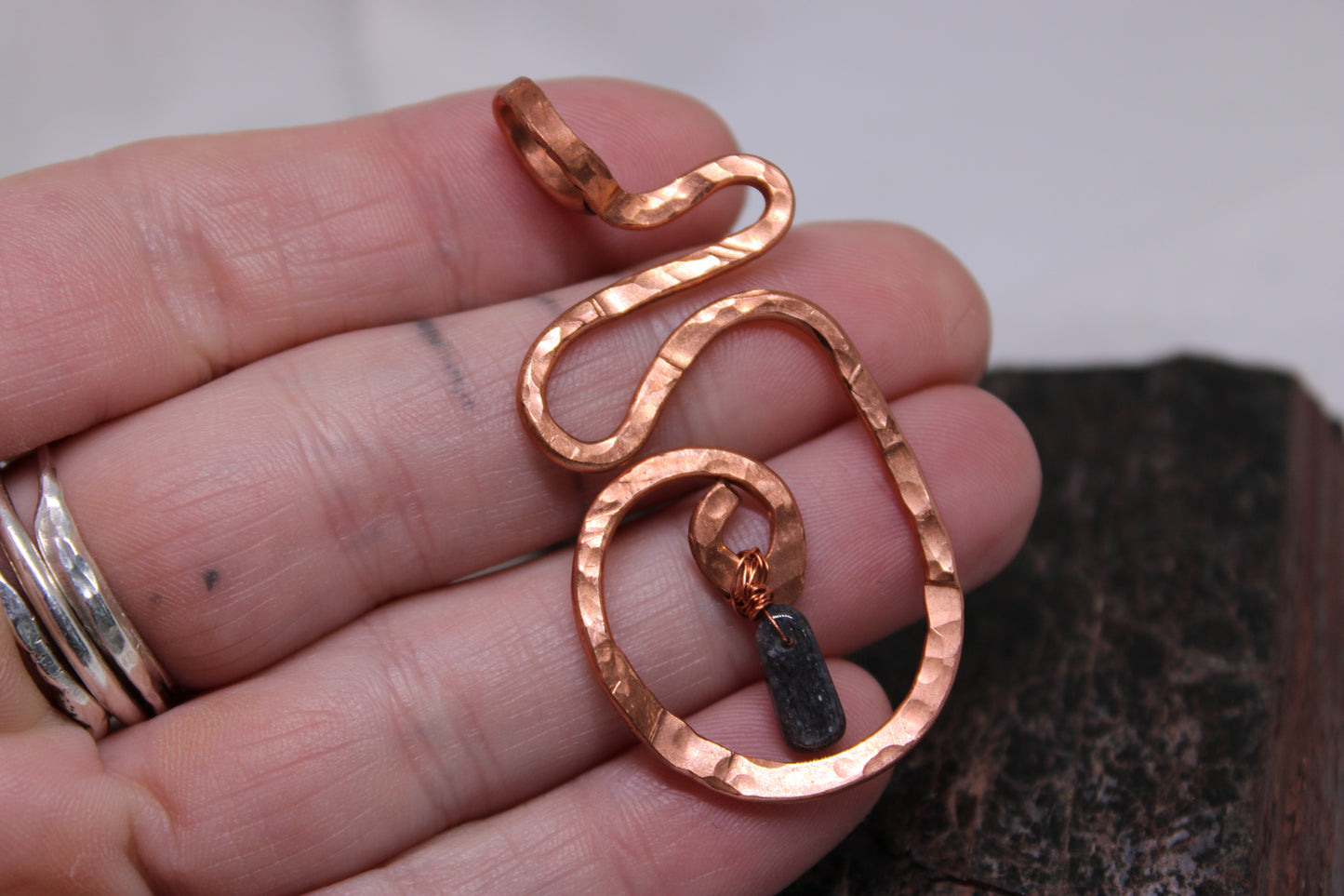 Large Hammered Spiral Copper Pendant with Iolite Beads