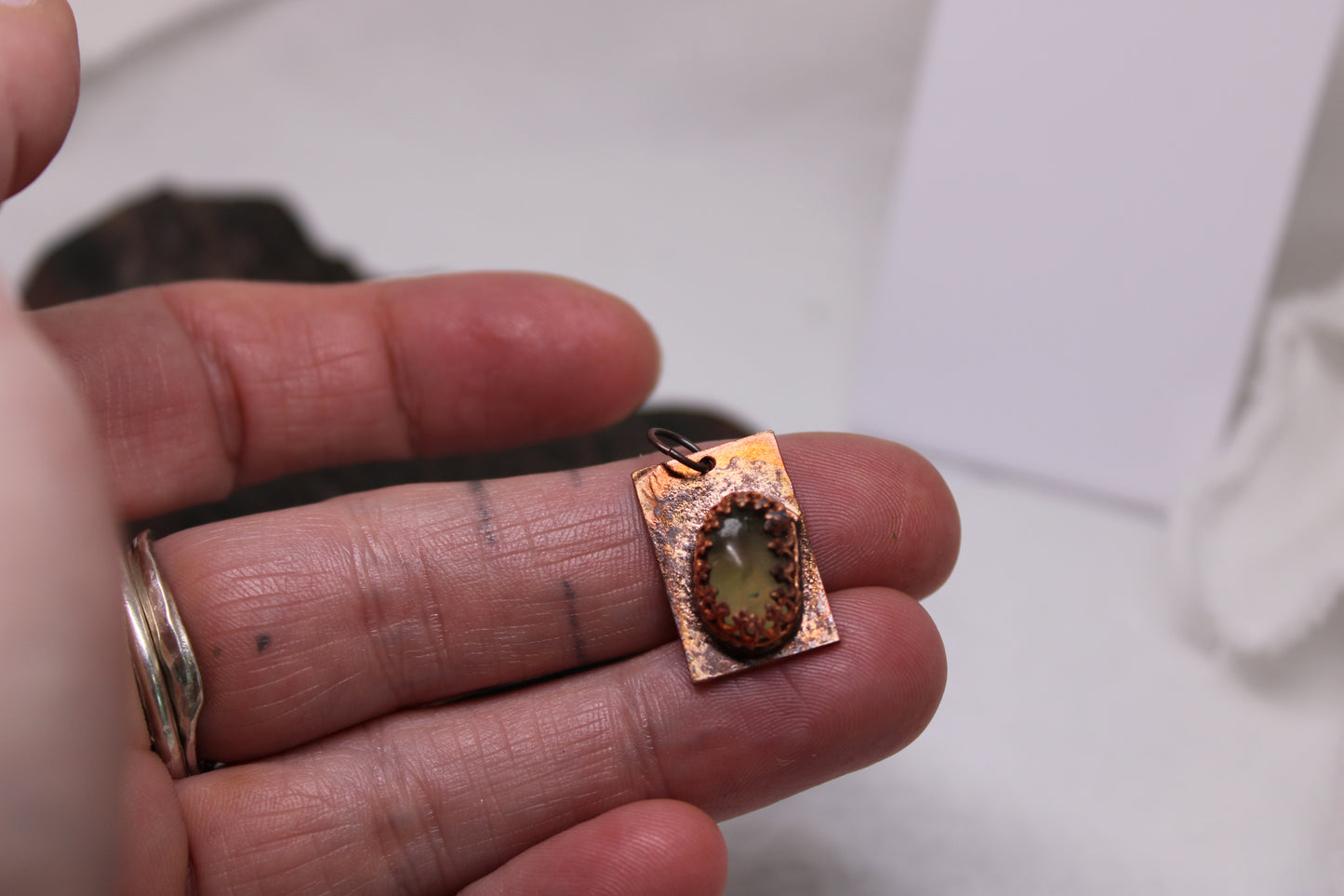 Delicate Rustic Green Apatite in Copper Pendant