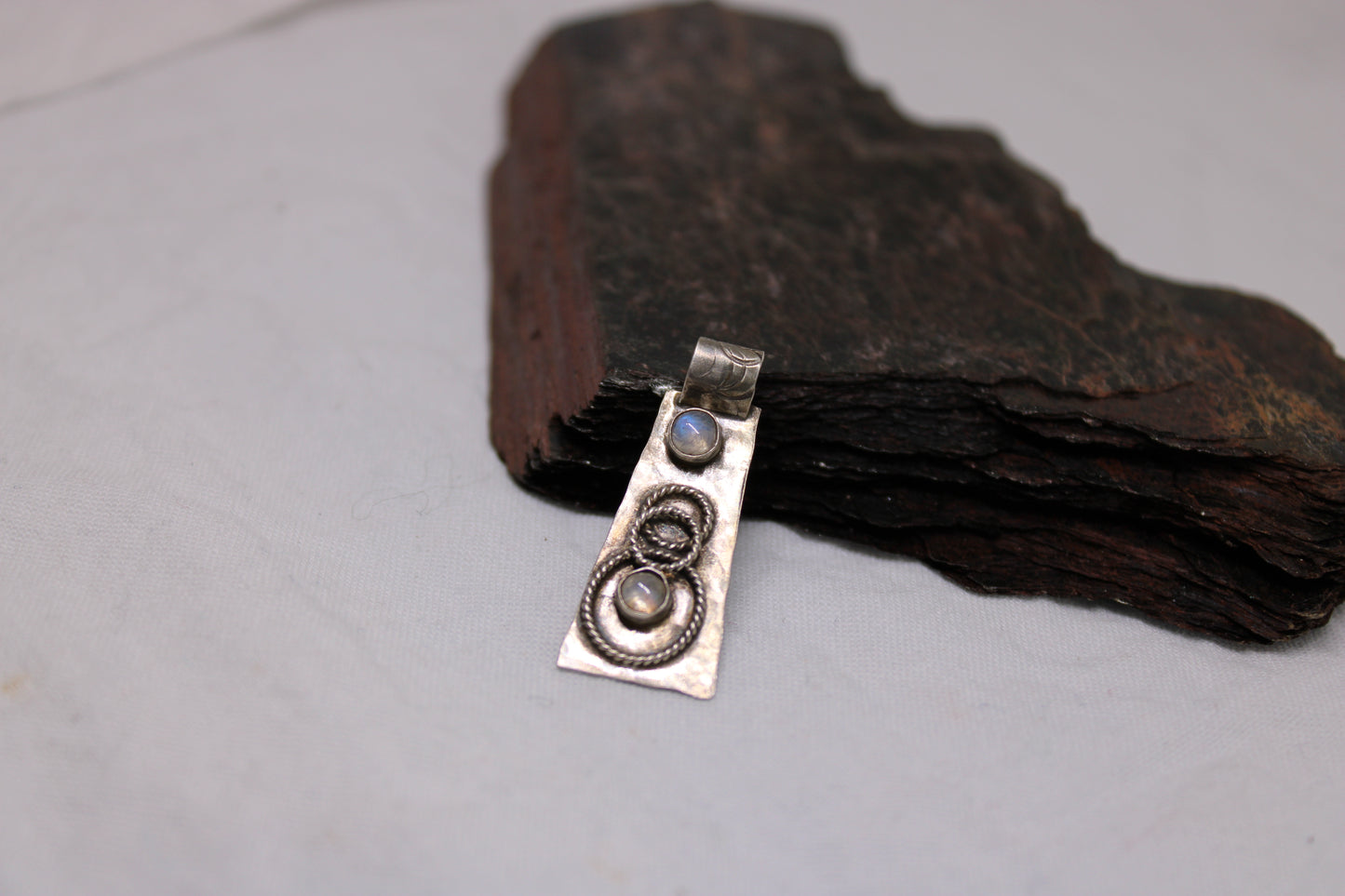 Oxidized Hammered Stamped Sterling Silver Pendant with Rainbow Moonstone