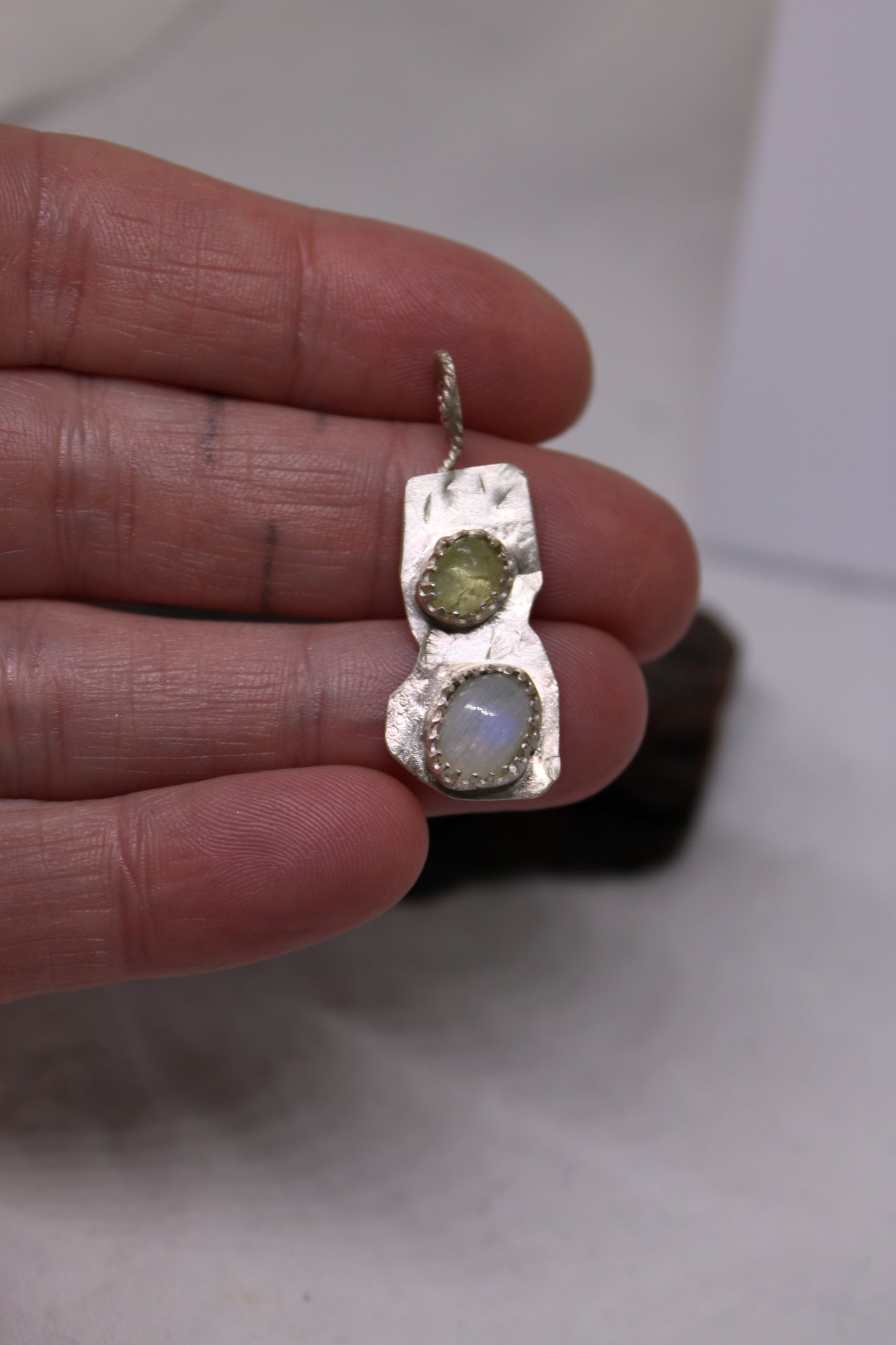 Green Apatite and Rainbow Moonstone Sterling Silver Pendant