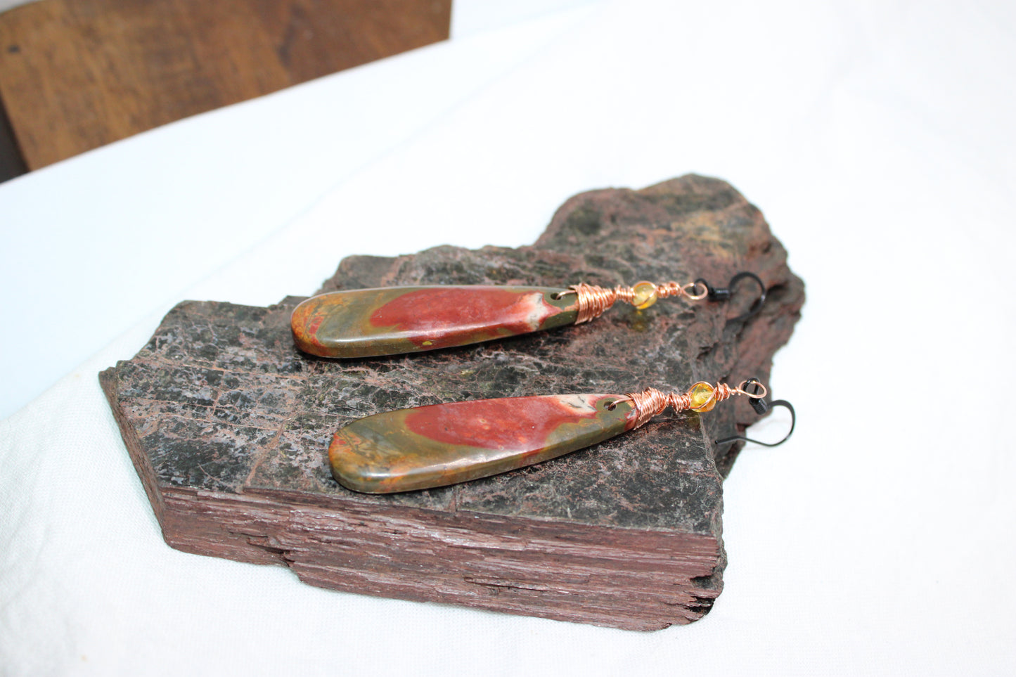 Wire Wrap Copper and Amber Earrings