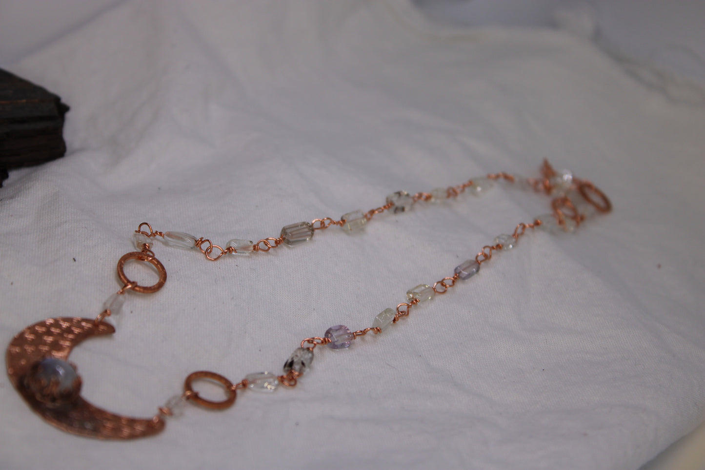 Crescent Moonstone Necklace with Aquamarine bead chain