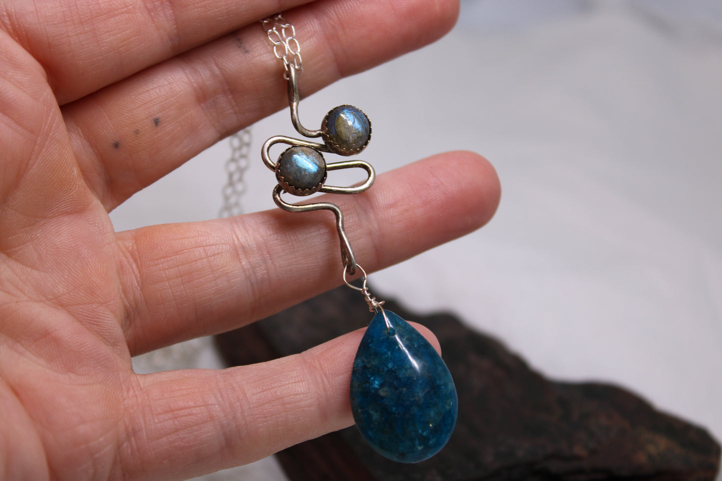 Geometric Sterling Silver Pendant with Blue Apatite and Labradorite Stones