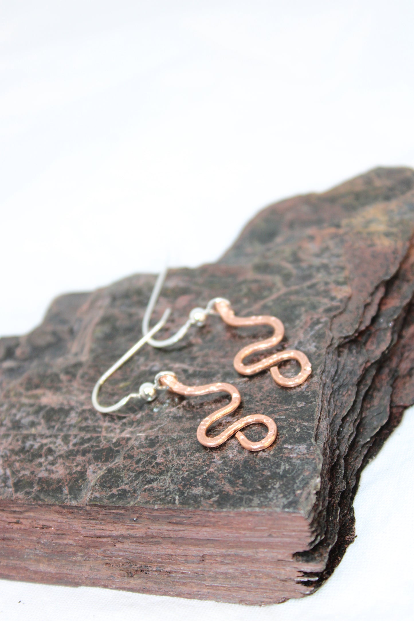Hammered and Stamped Copper Geometric Spiral Earrings