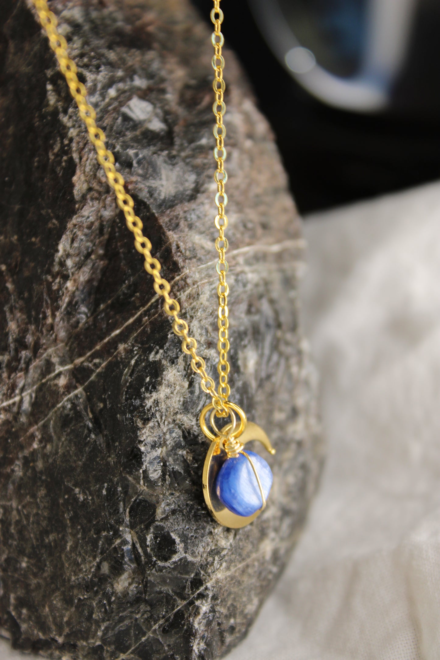 Crescent Moon and Blue Stone Gold Brass Necklace