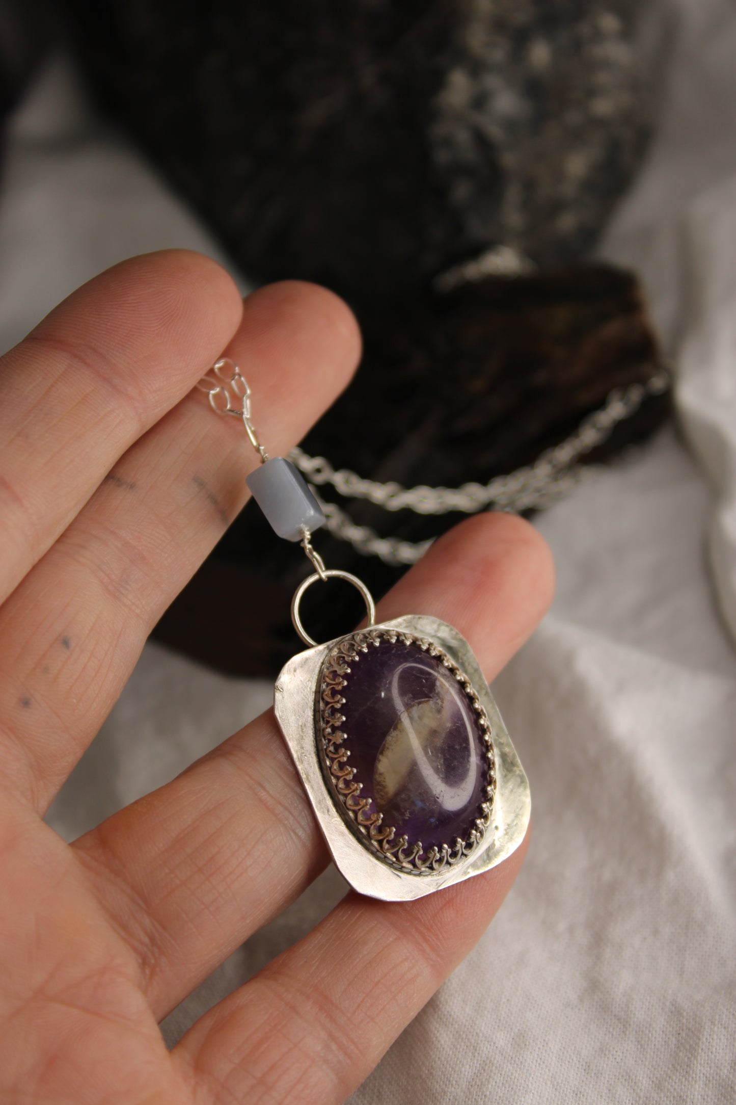 Large Sterling Silver Amethyst Pendant with Angelite Accent Bead