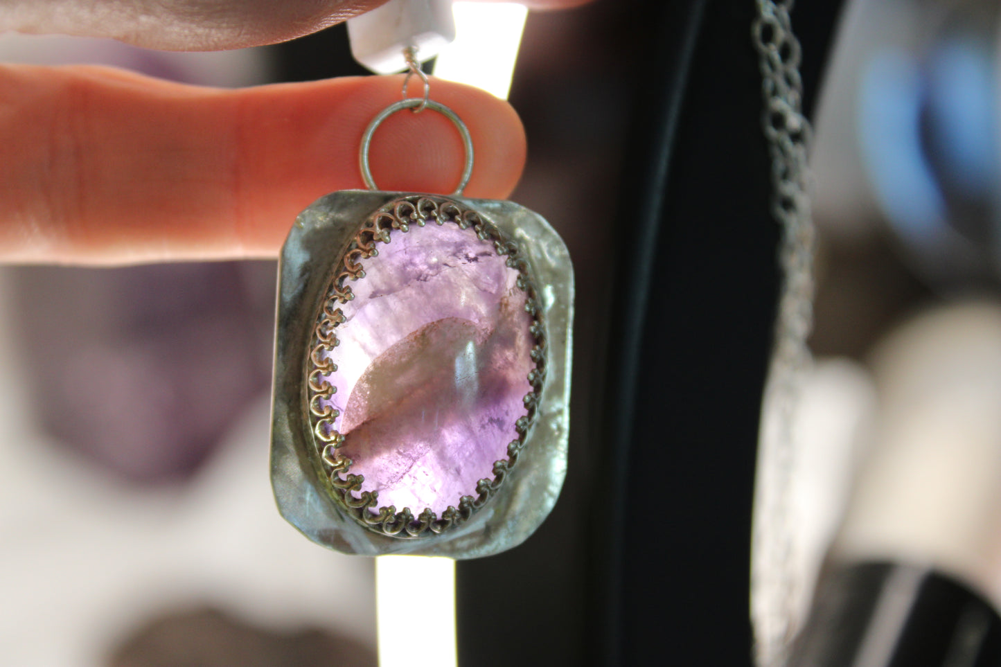 Large Sterling Silver Amethyst Pendant with Angelite Accent Bead
