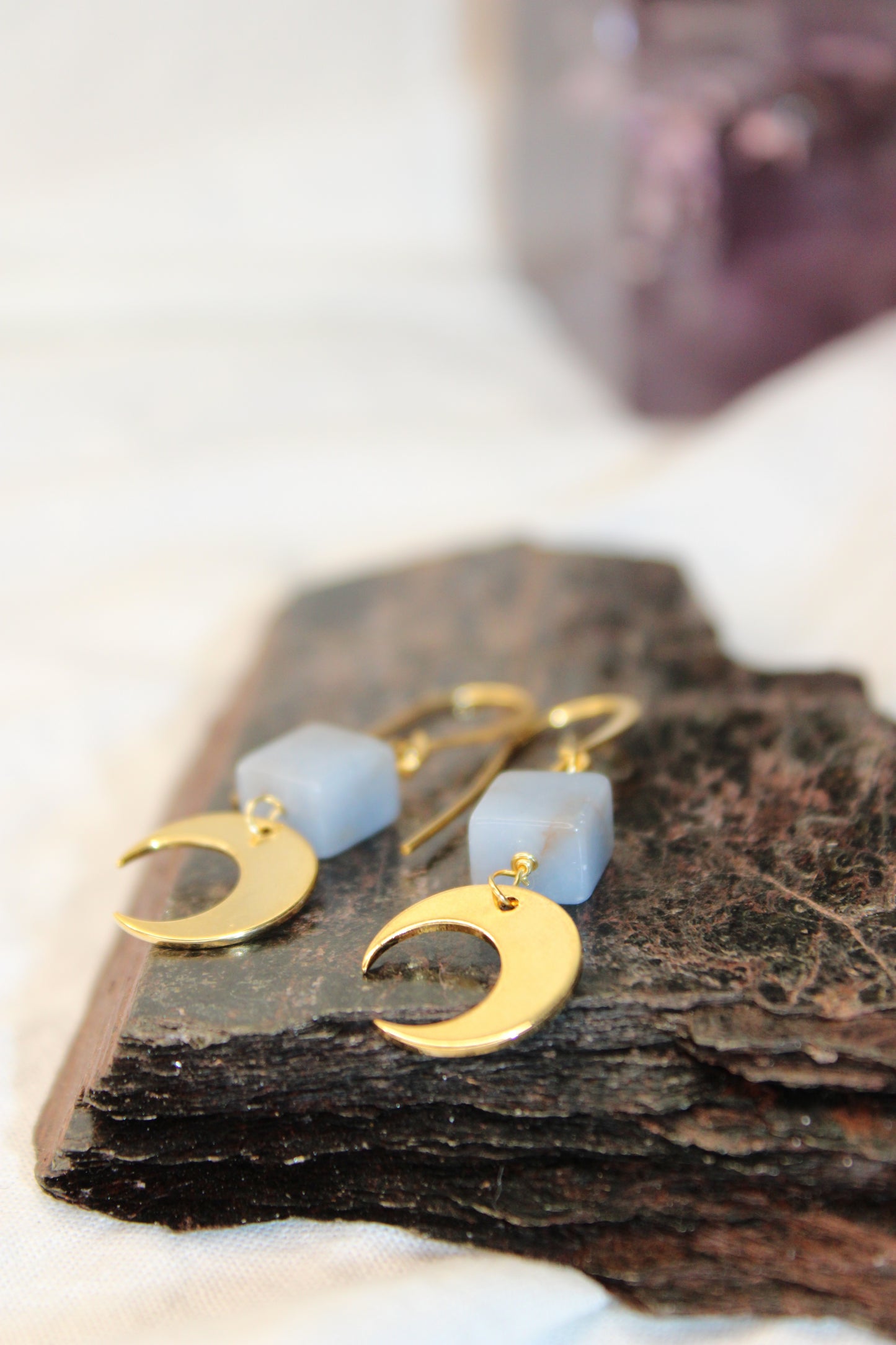 Crescent Moon Angelite Brass Gold Earrings