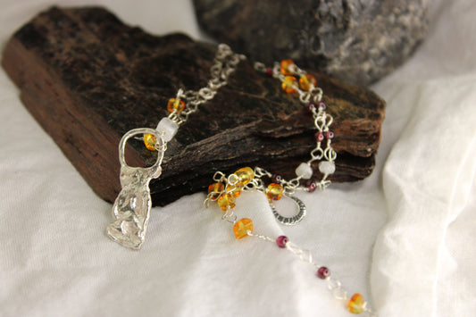 Sterling Silver Beaded Chain Necklace Moonstone and Amber Stones