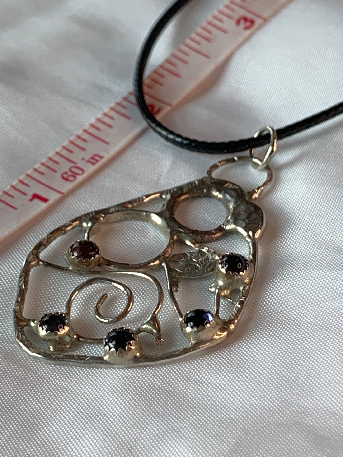 Large Abstract Filigree Sterling Silver Pendant with Tourmaline and Iolite Stones