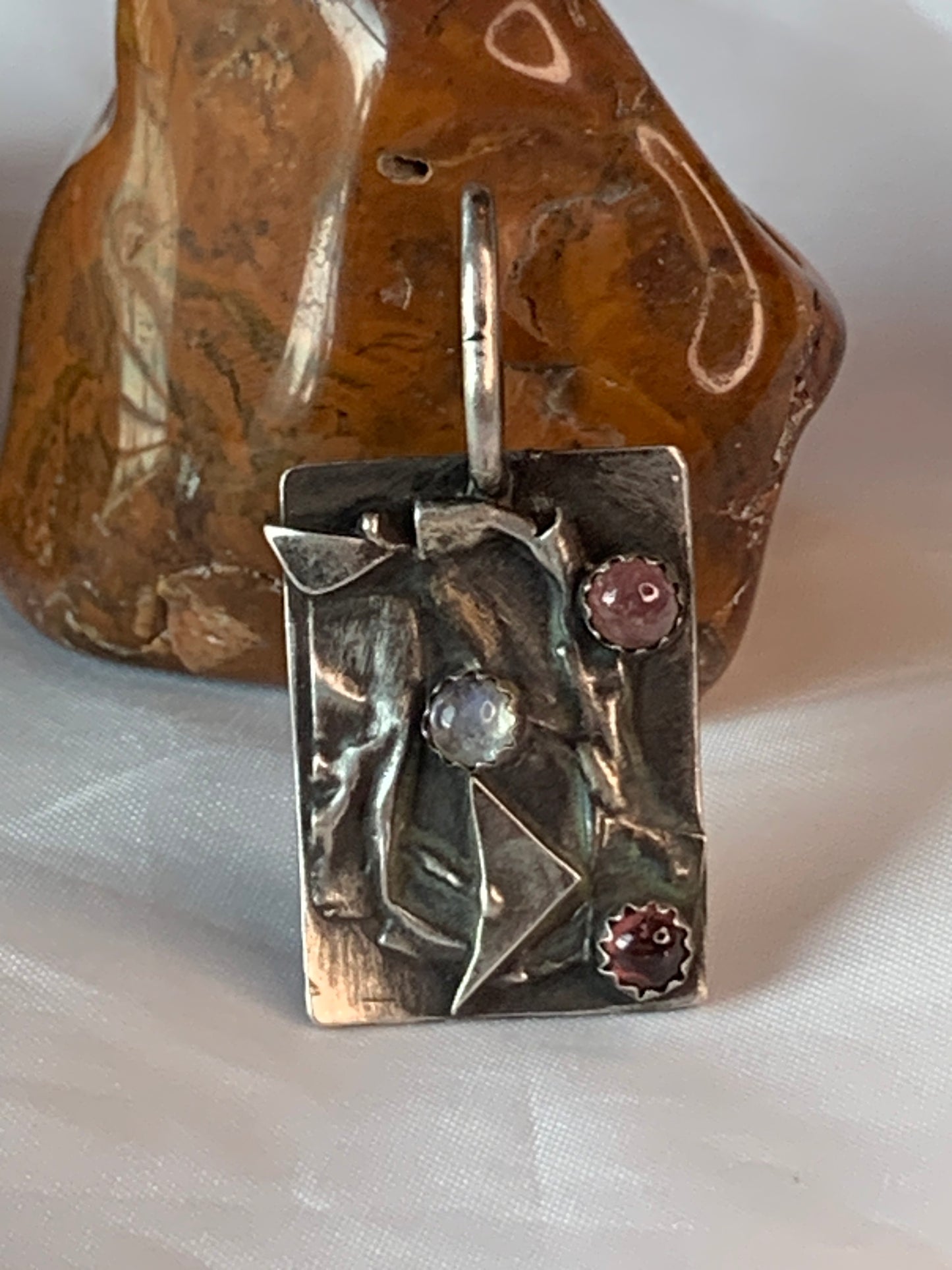 Oxidized Antiqued Abstract Geometric Sterling Pendant with Moonstone and Pink Tourmaline
