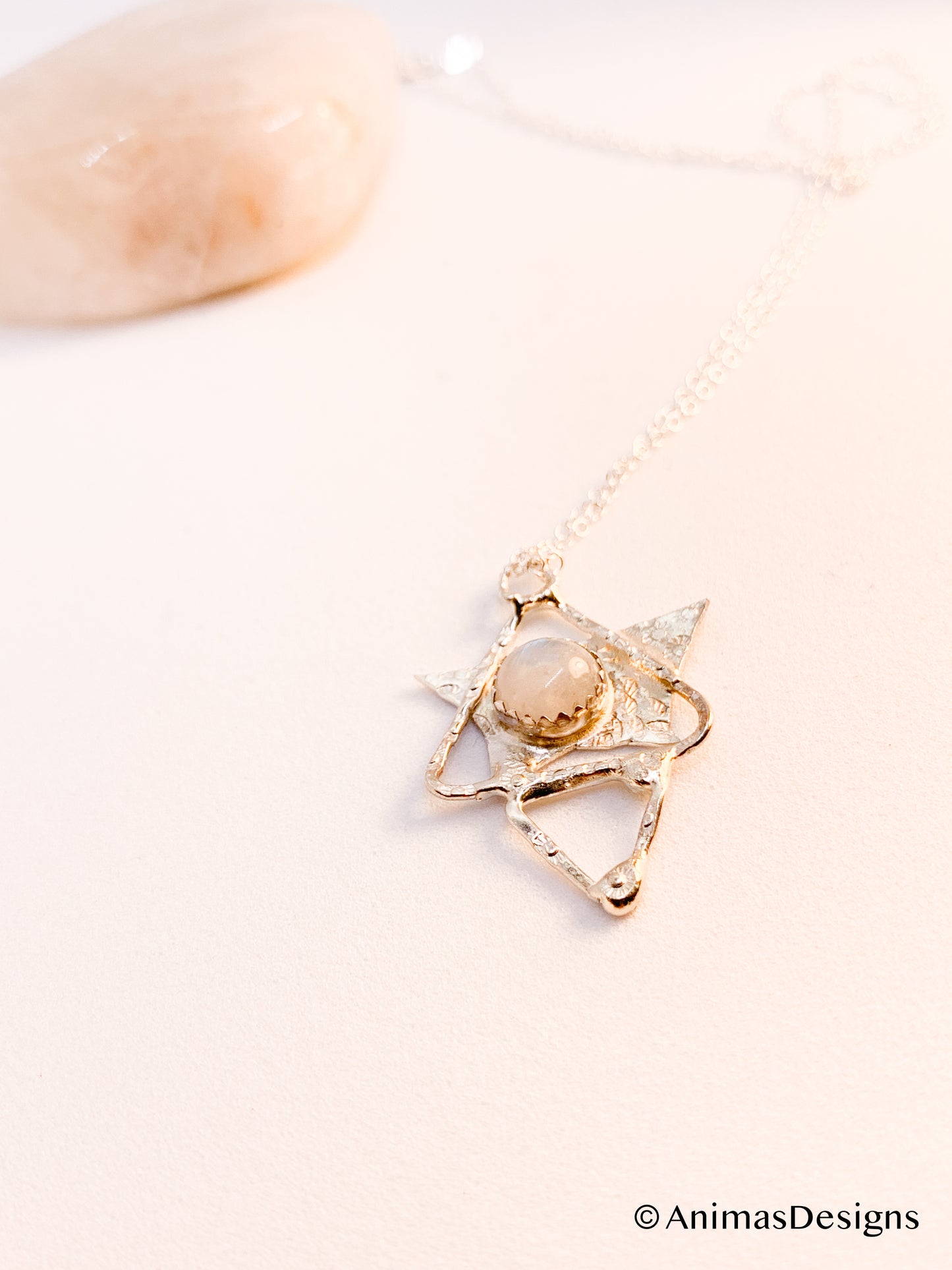 Sterling Silver Fused Star Pyramid Triangle Necklace with Moonstone.