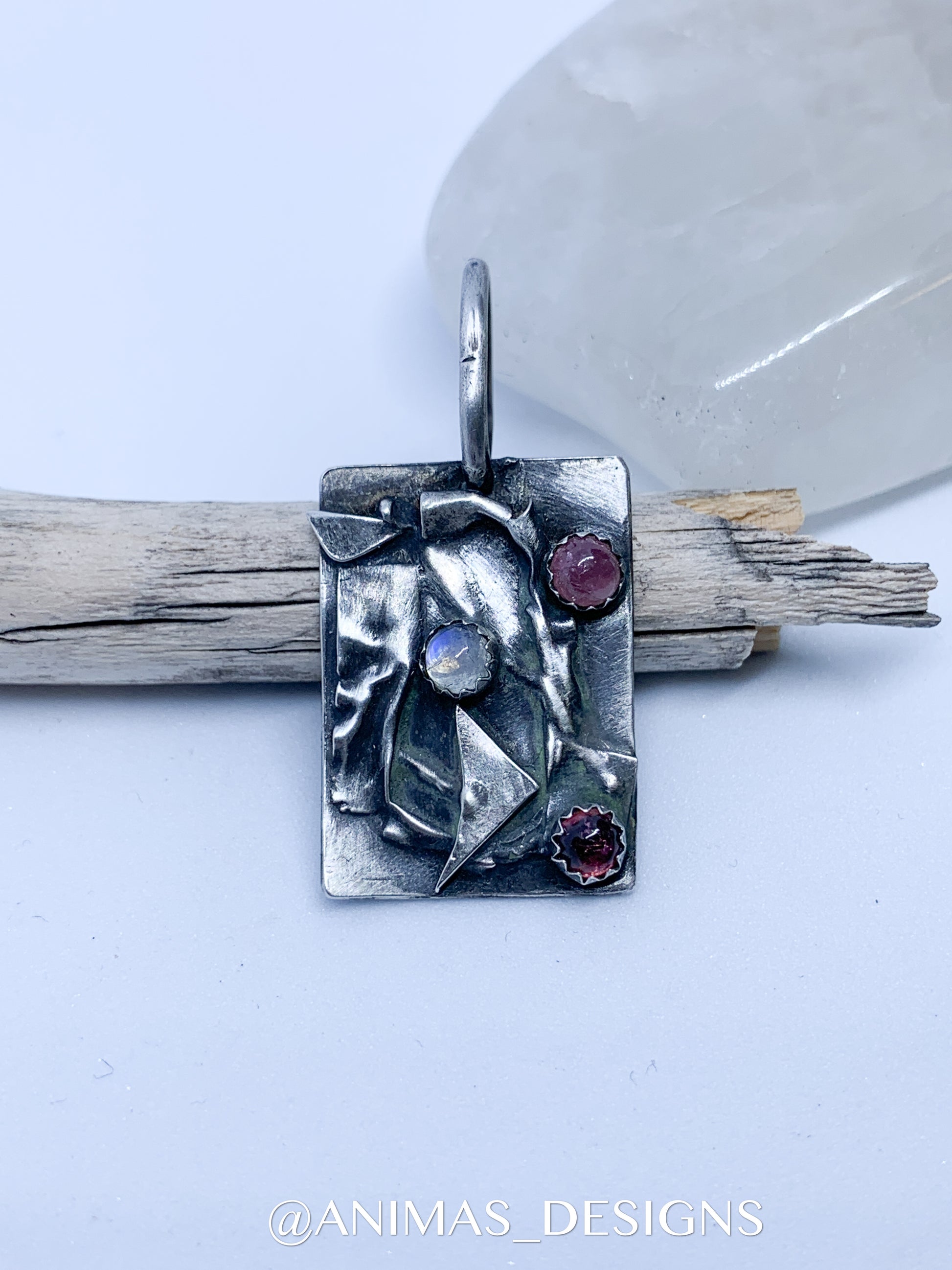 Abstract Geometric Sterling Pendant with Moonstone and Pink Tourmaline