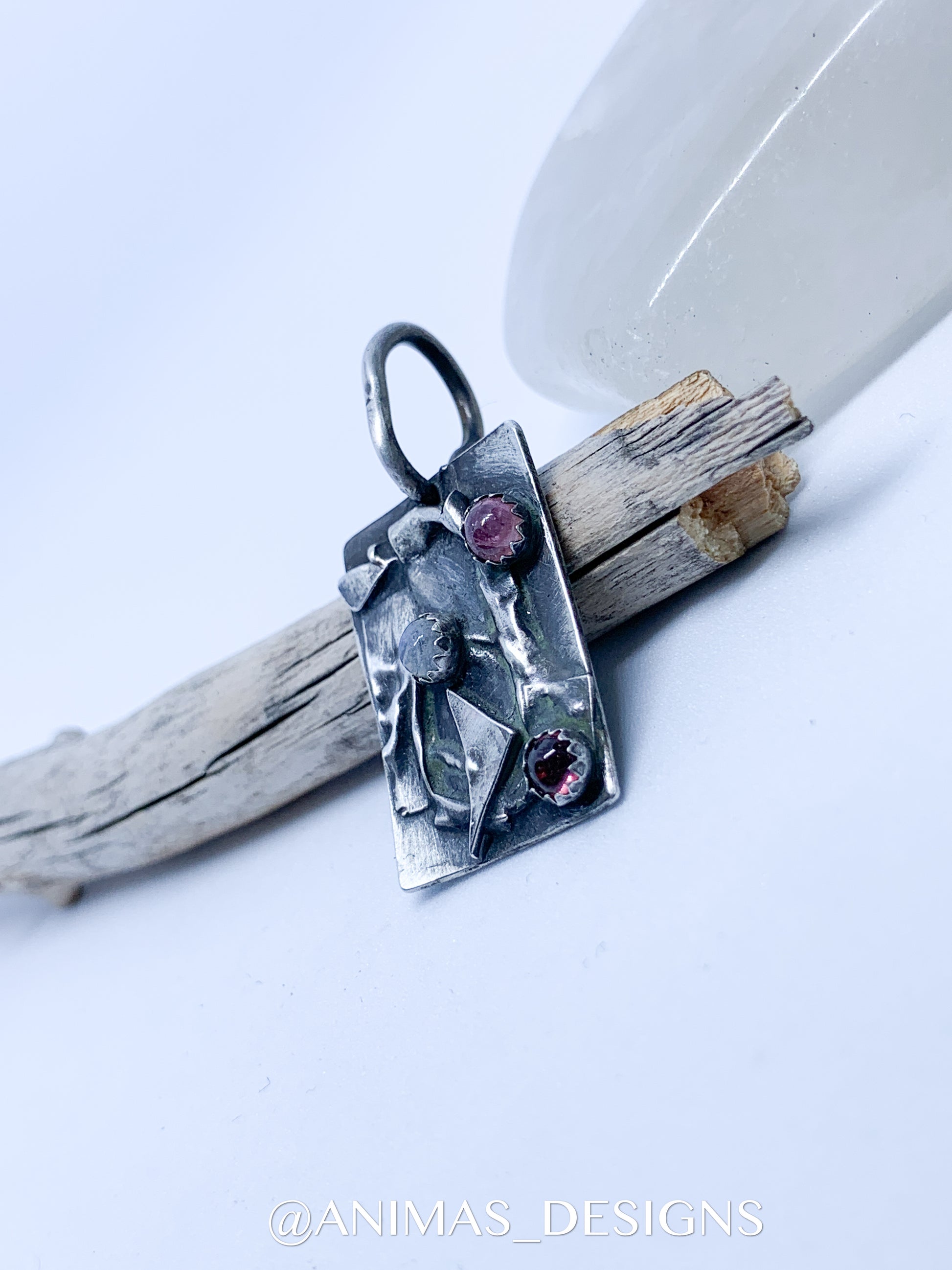 Abstract Geometric Sterling Pendant with Moonstone and Pink Tourmaline handmade jewelry