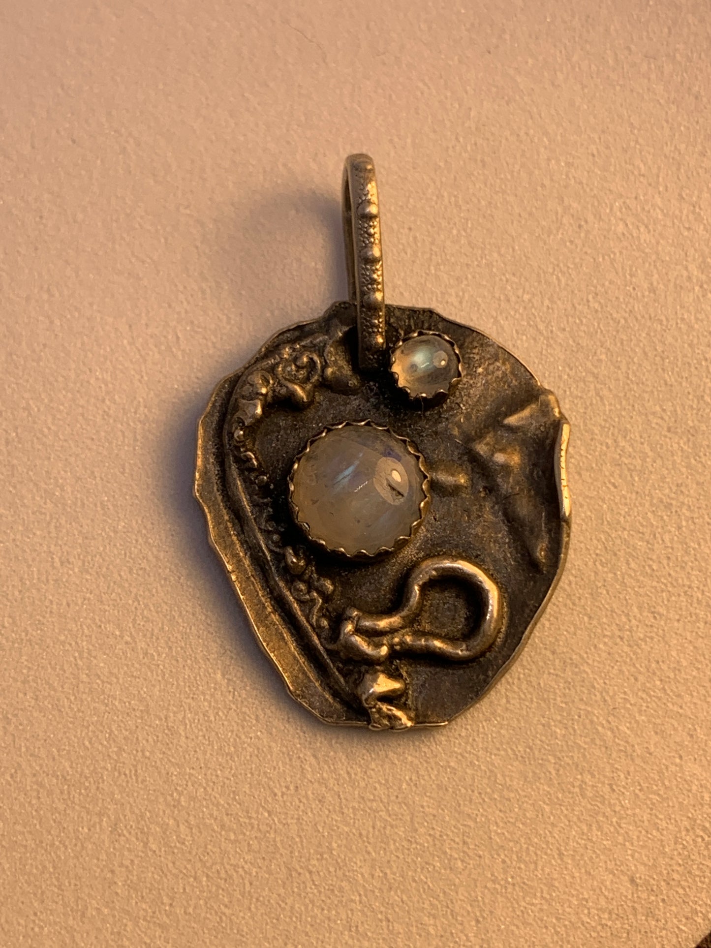 Unique Abstract Sterling Silver Pendant with Moonstone. This piece has been oxidized to bring out the texture. Every piece I make is unique and one of a kind. 