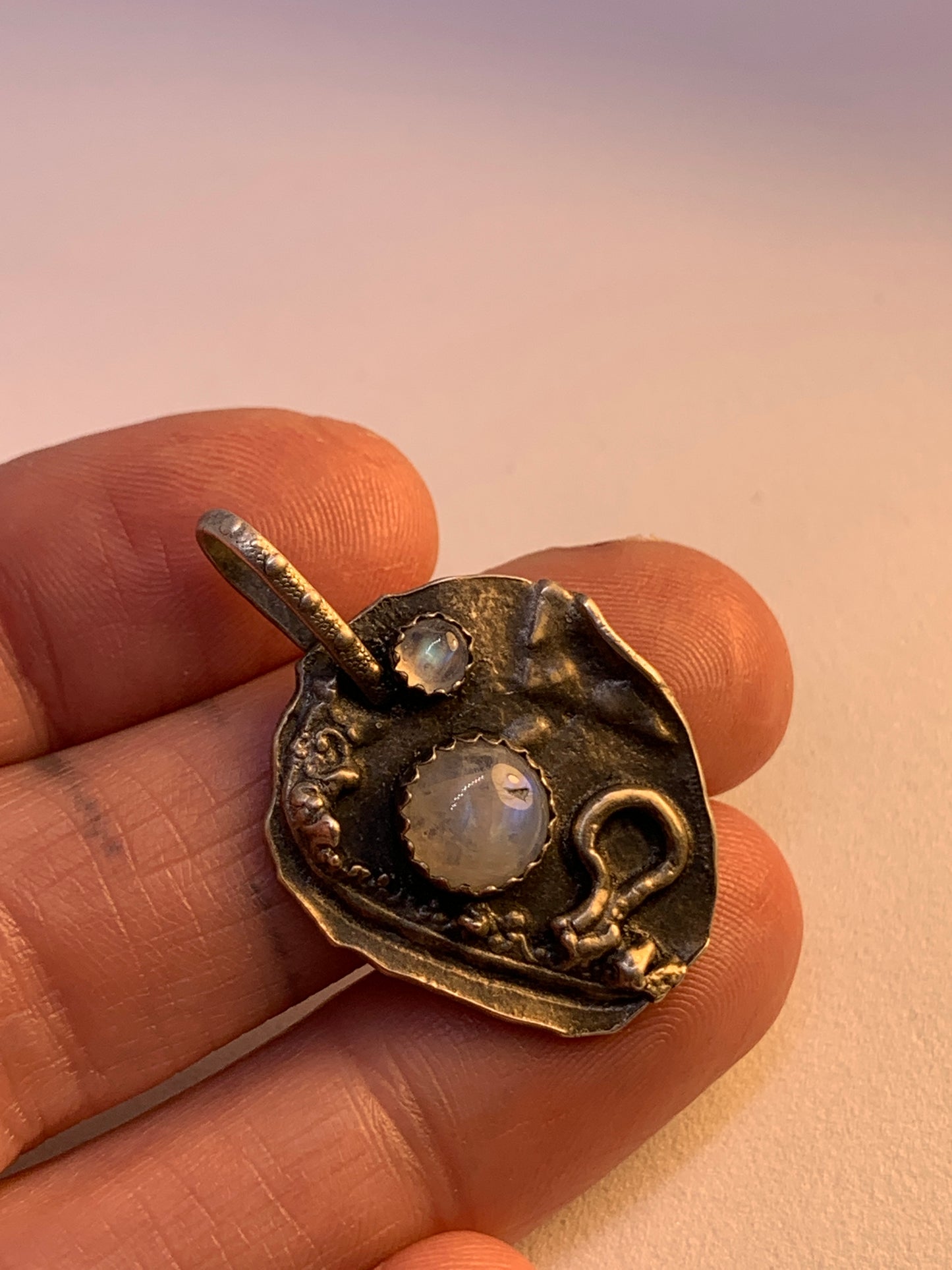 Unique Abstract Sterling Silver Pendant with Rainbow Moonstone