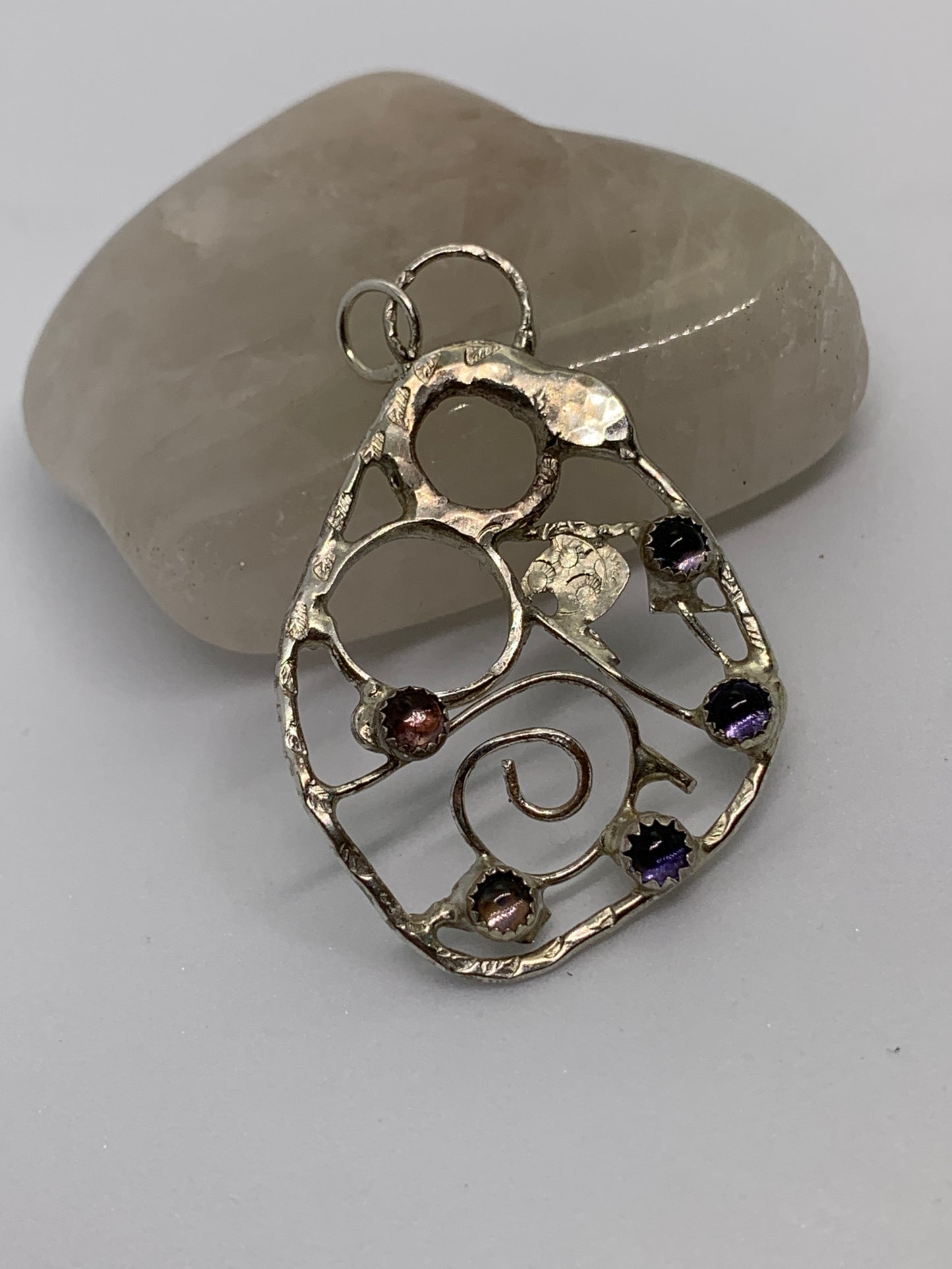 Large Abstract Filigree Sterling Silver Pendant with Tourmaline and Iolite Stones