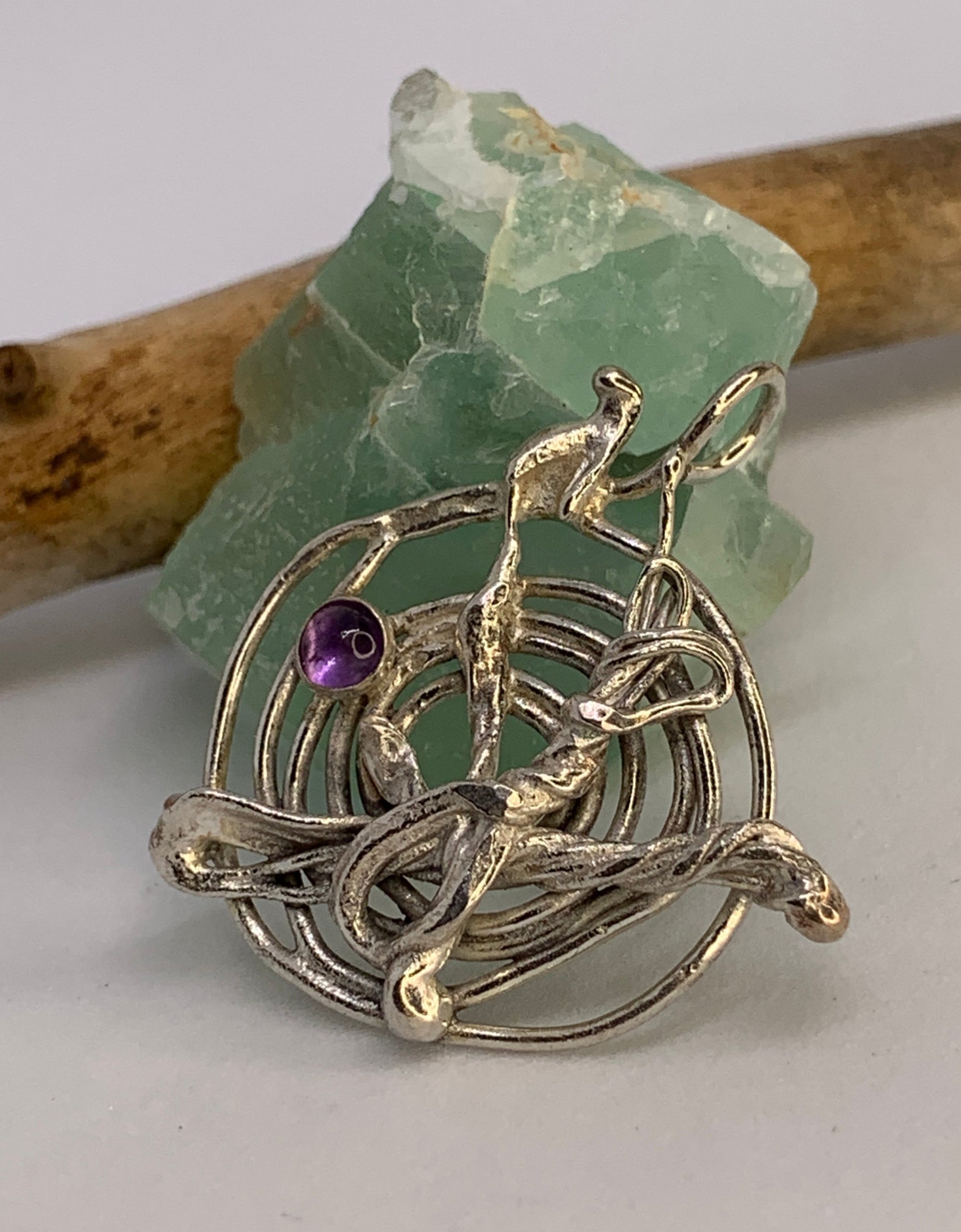 Spiral Abstract Amethyst Sterling Silver Pendant. Handmade and one of a kind. no two pieces are alike. This is an abstract fused spiral pendant, chain not included.