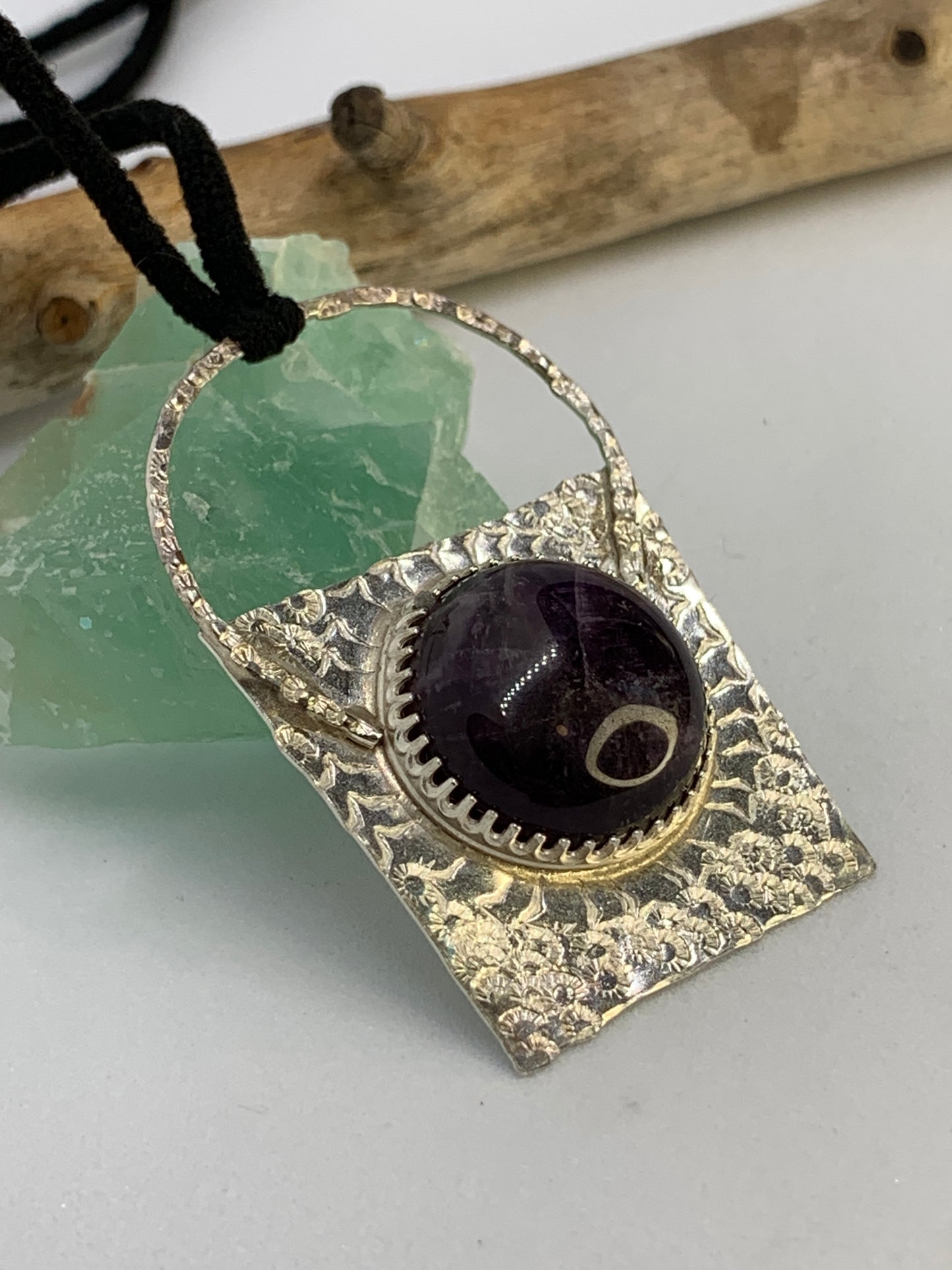 Large Geometric Abstract Sterling Silver Pendant with Amethyst Stone. Half circle design. Each piece is one of a kind and no two are alike. Handmade. 