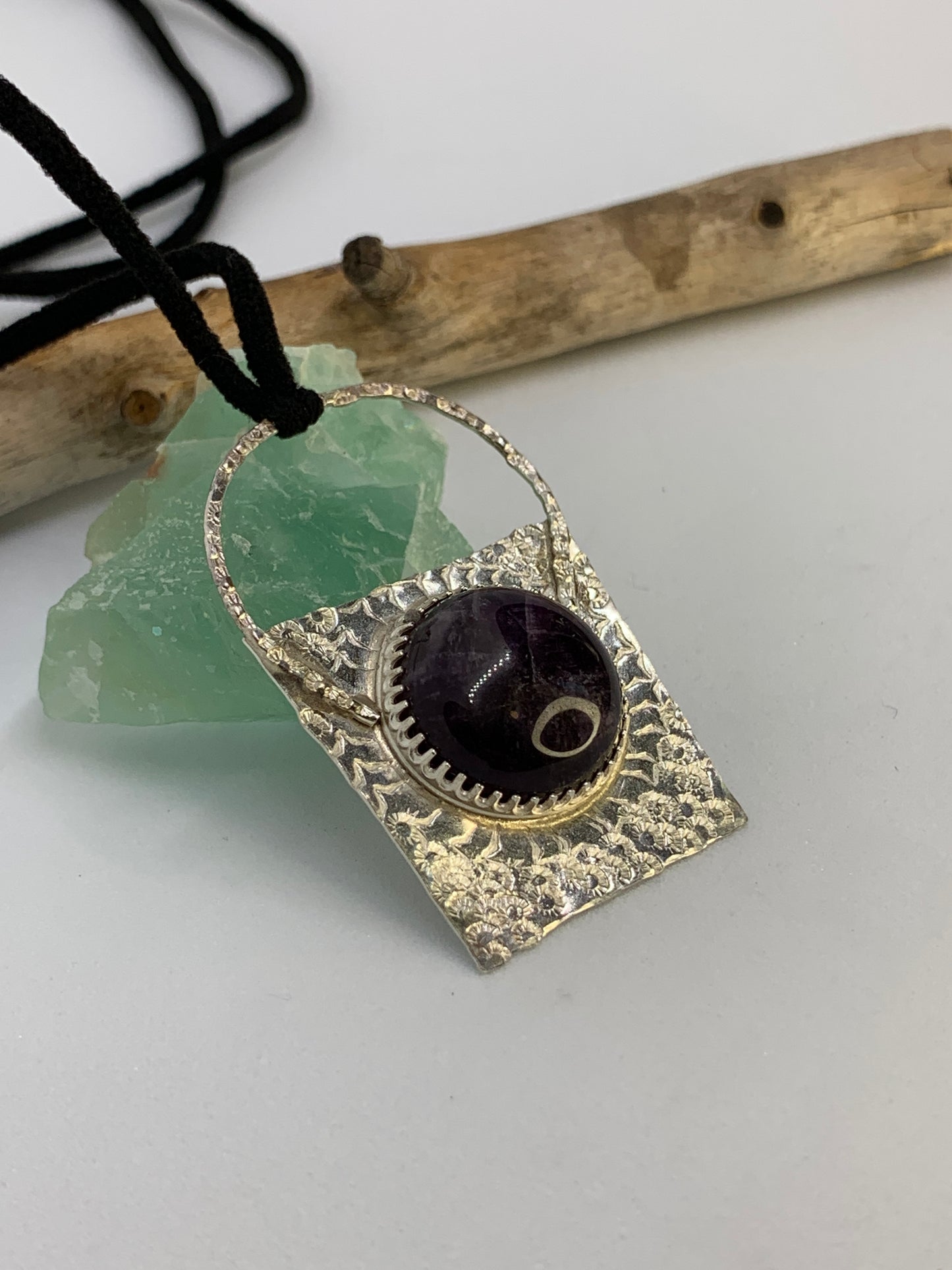 Large Geometric Abstract Sterling Silver Pendant with Amethyst Stone